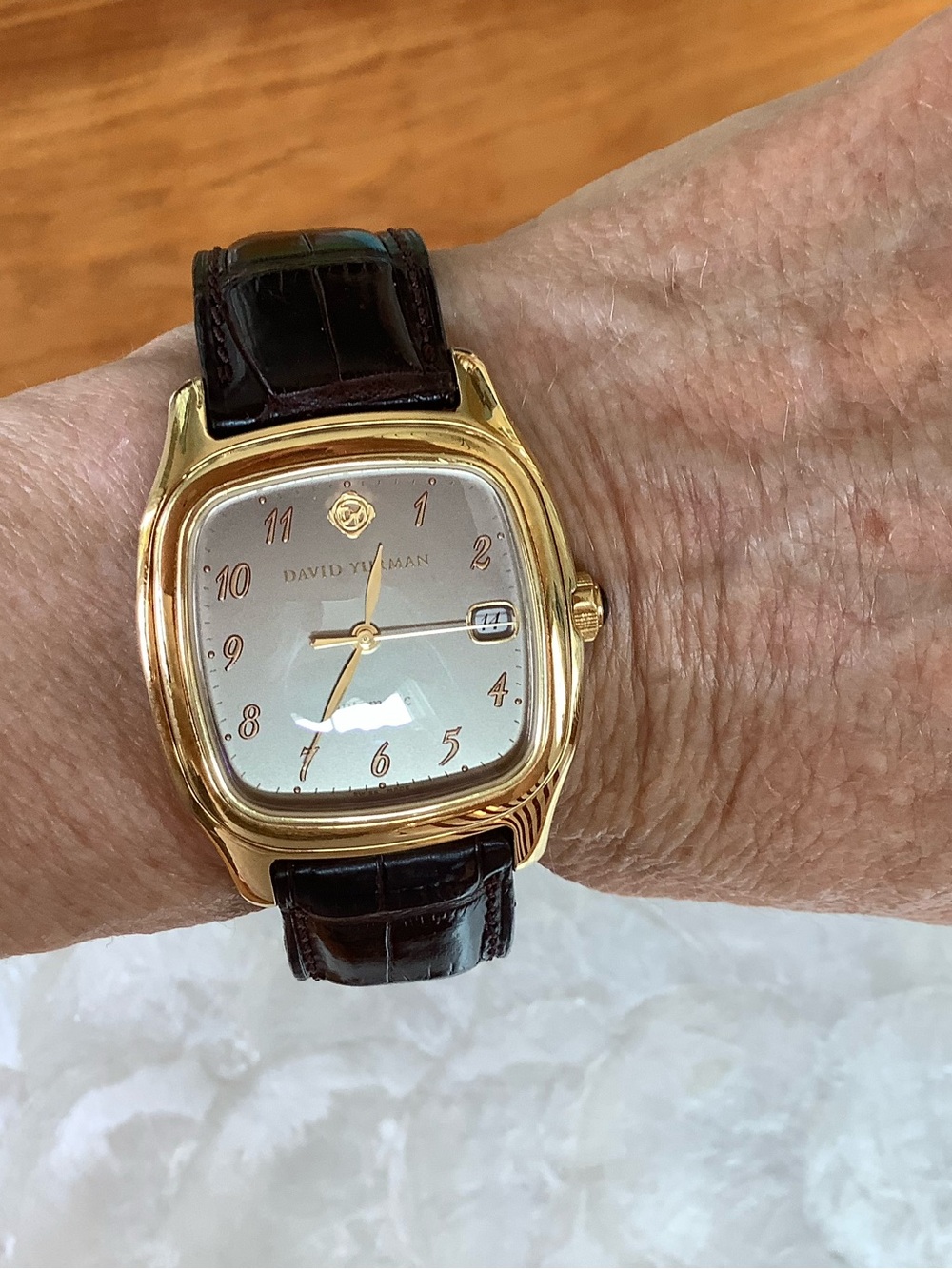 David Yurman Gold Tone Watch with Cream Dial and Dark Brown Strap